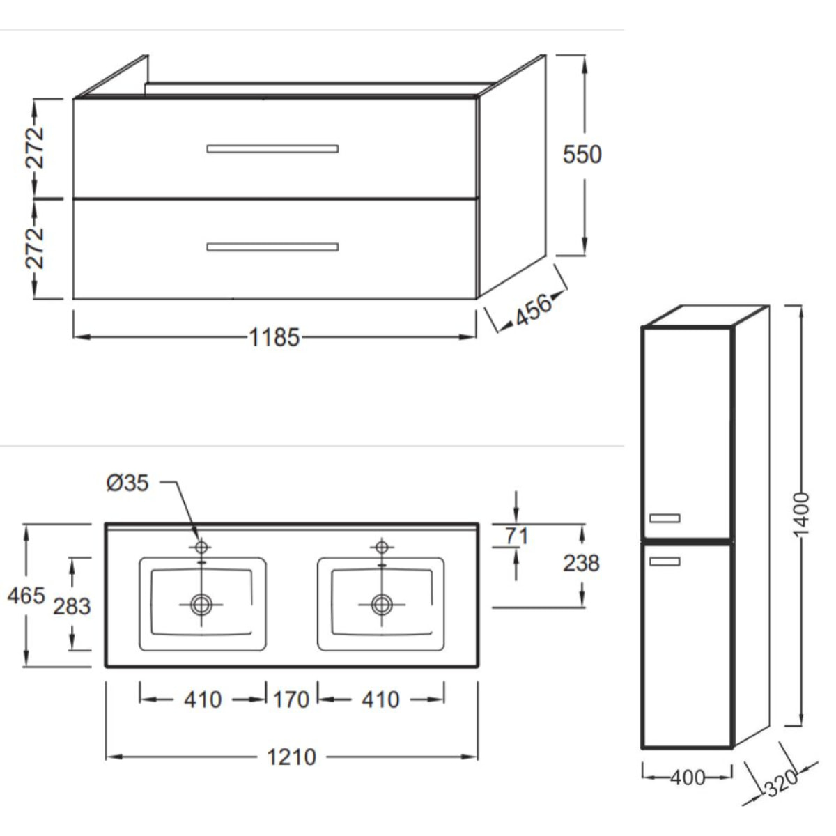 Meuble double vasque 120 cm Ola up + colonne de salle de bain chêne