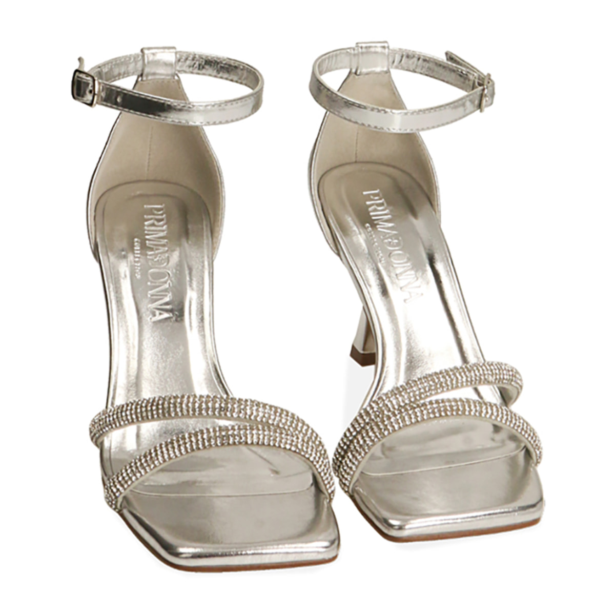 Sandalias con brillos plateadas, tacón de 7,5 cm