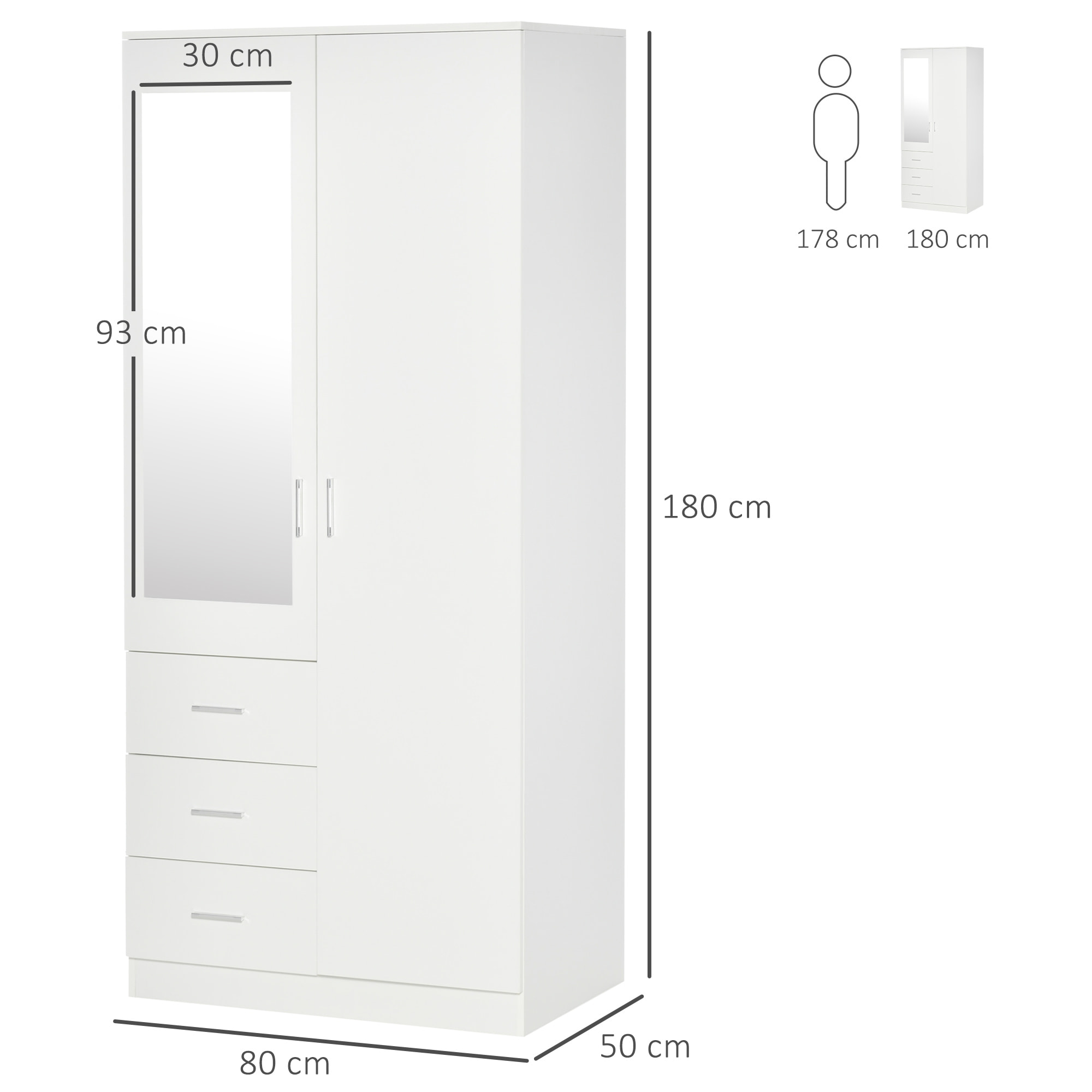 Armario Ropero de 2 Puertas con Espejo 3 Cajones Estantes Ajustables y Barra para Colgar Incluida Mueble Auxiliar para Dormitorio Habitación 80x50x180 cm Blanco
