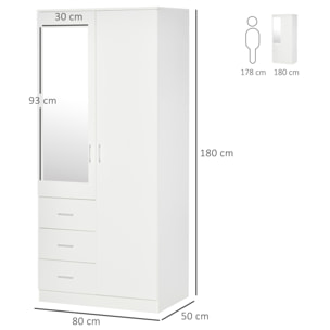 Armario Ropero de 2 Puertas con Espejo 3 Cajones Estantes Ajustables y Barra para Colgar Incluida Mueble Auxiliar para Dormitorio Habitación 80x50x180 cm Blanco