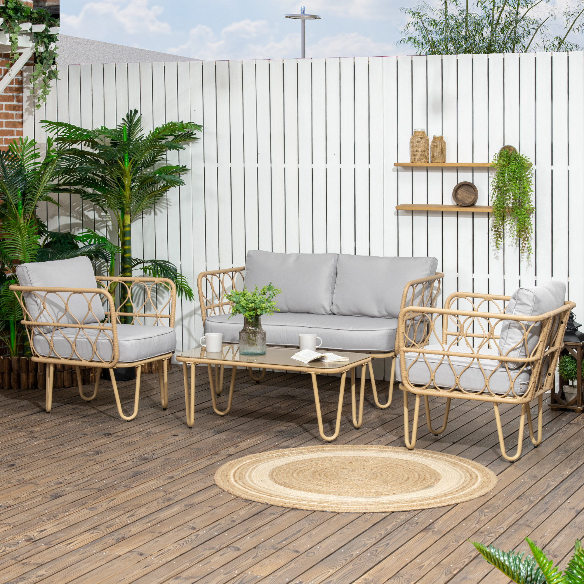 Conjunto de Jardín de Ratán Sintético Juego de 4 Piezas Muebles de Jardín con Sofá de 2 Plazas 2 Sillones y Mesa de Centro con Encimera de Cristal y Cojines Extraíbles Natural y Gris