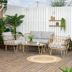 Conjunto de Jardín de Ratán Sintético Juego de 4 Piezas Muebles de Jardín con Sofá de 2 Plazas 2 Sillones y Mesa de Centro con Encimera de Cristal y Cojines Extraíbles Natural y Gris
