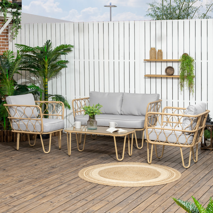 Conjunto de Jardín de Ratán Sintético Juego de 4 Piezas Muebles de Jardín con Sofá de 2 Plazas 2 Sillones y Mesa de Centro con Encimera de Cristal y Cojines Extraíbles Natural y Gris