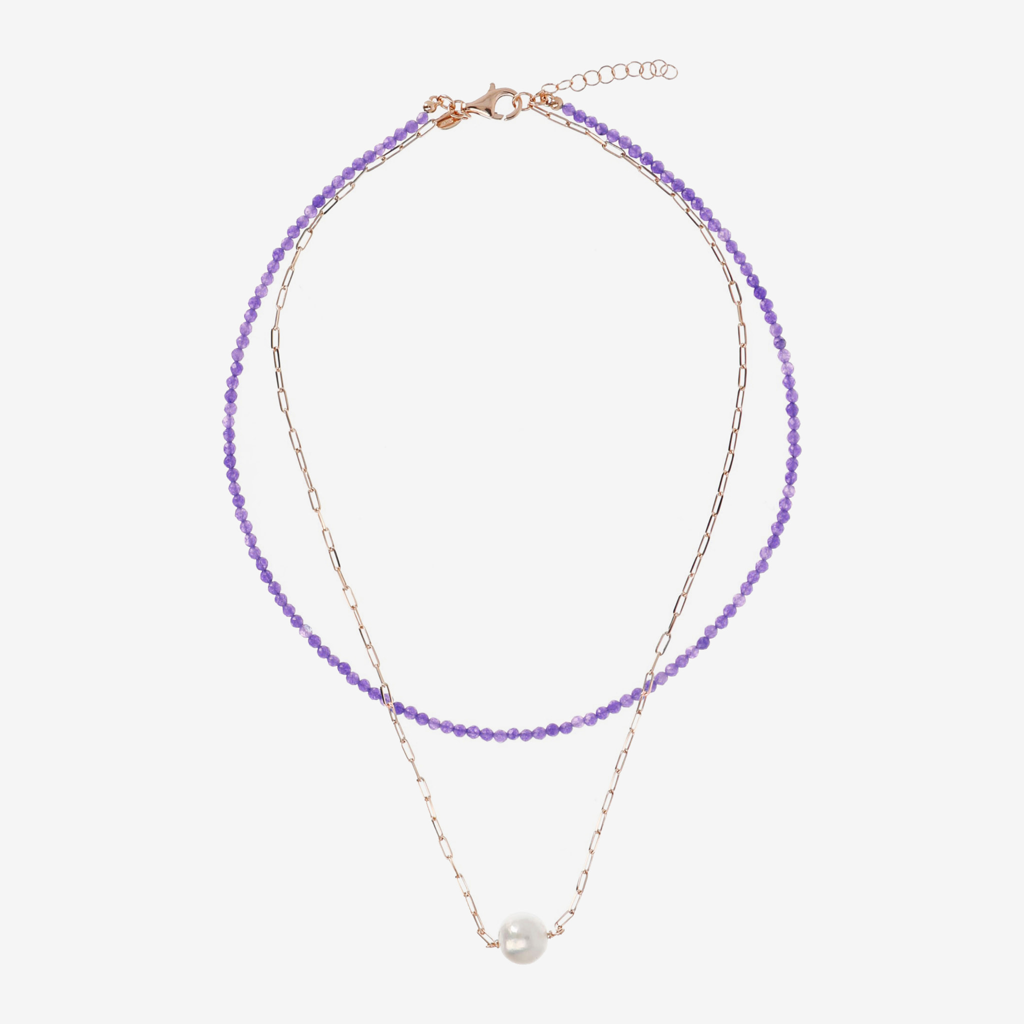 PERLAVIVA - Doppia Collana con Quarzite Viola con Perla Ming Bianca Ø 11 mm in Argento 925 placcato Oro Rosa 18Kt
