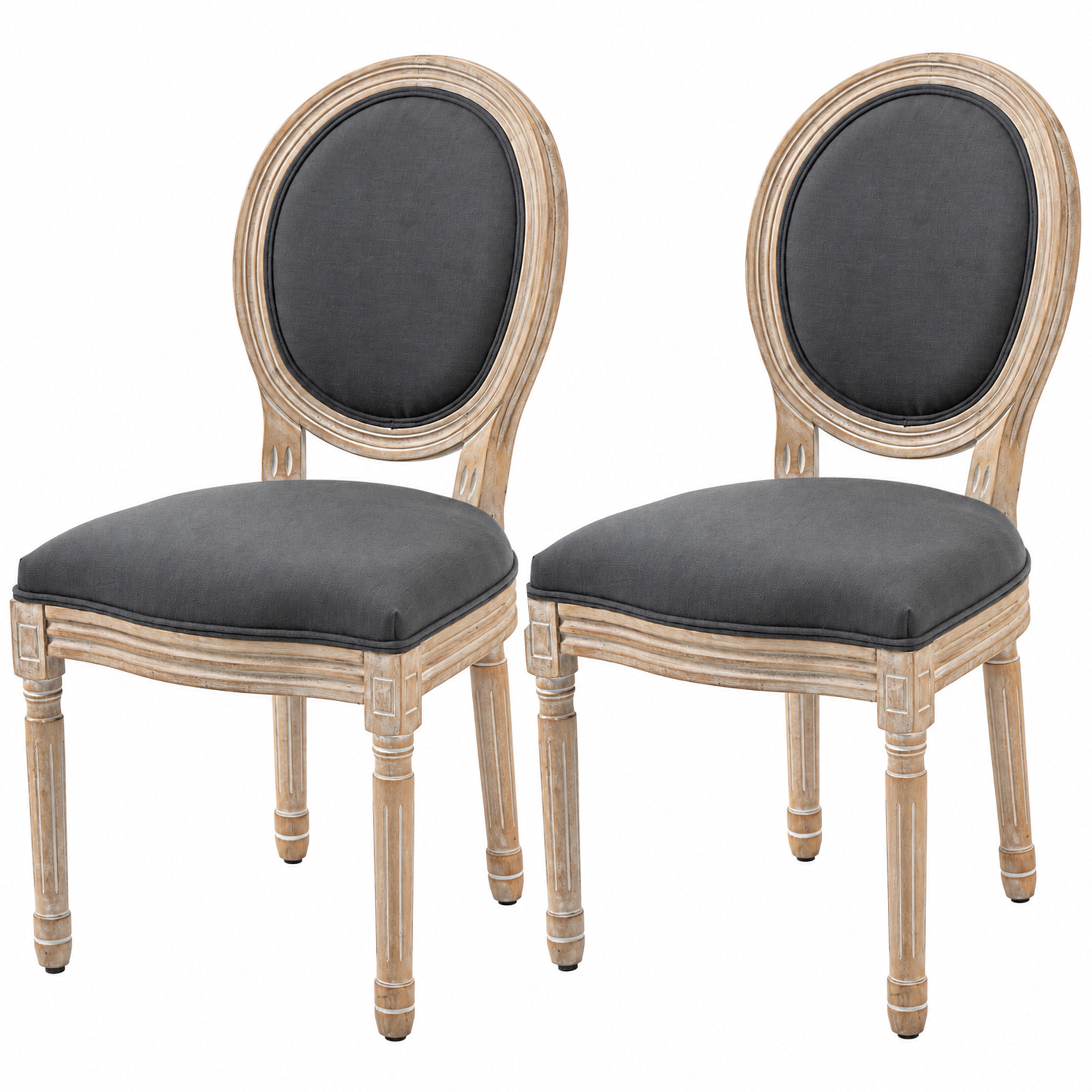 Lot de 2 chaises de salle à manger - chaise de salon médaillon style Louis XVI - bois massif sculpté, patiné - aspect lin gris