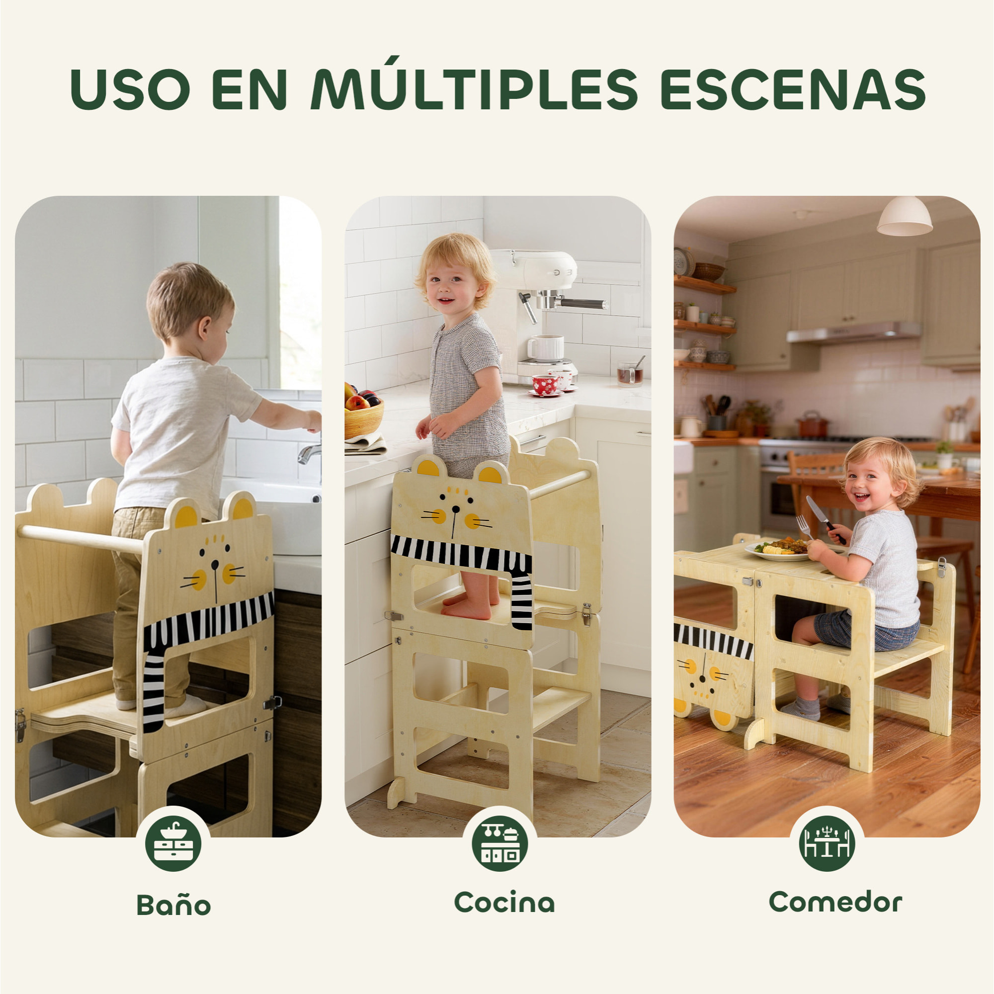 Torre de Aprendizaje 3 en 1 Plegable, Convertible en Escritorio y Silla, Taburete de Aprendizaje para Niños de 2-5 Años con Pizarra, Dibujos de Gatos, para Baño, Cocina, Natural