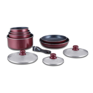Batterie de cuisine revêtement pierre avec manche amovible 10 pieces bordeaux Herzberg HG5000-BR