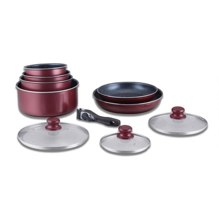 Batterie de cuisine revêtement pierre avec manche amovible 10 pieces bordeaux Herzberg HG5000-BR