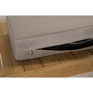 HALICE - SALON DE JARDIN EN BOIS TECK : 1 Canapé d'angle 5p. avec coussin waterproof et une table basse rectangulaire 110x60 cm