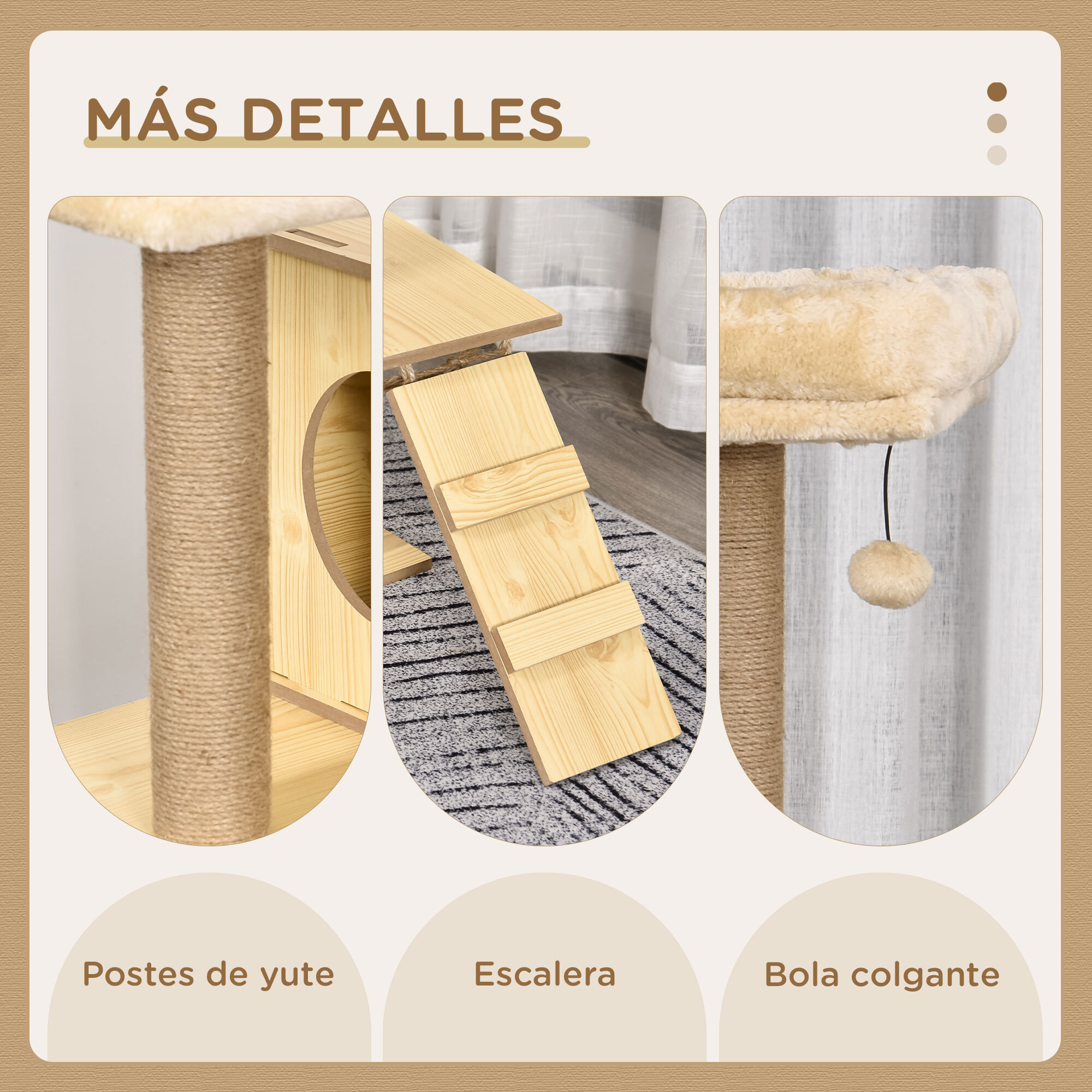 Árbol Rascador para Gatos Altura 130 cm Torre para Gatos con Postes Rascadores de Yute 2 Camas Hamaca Cueva Bola Colgante y Rampa 60x40x130 cm Natural