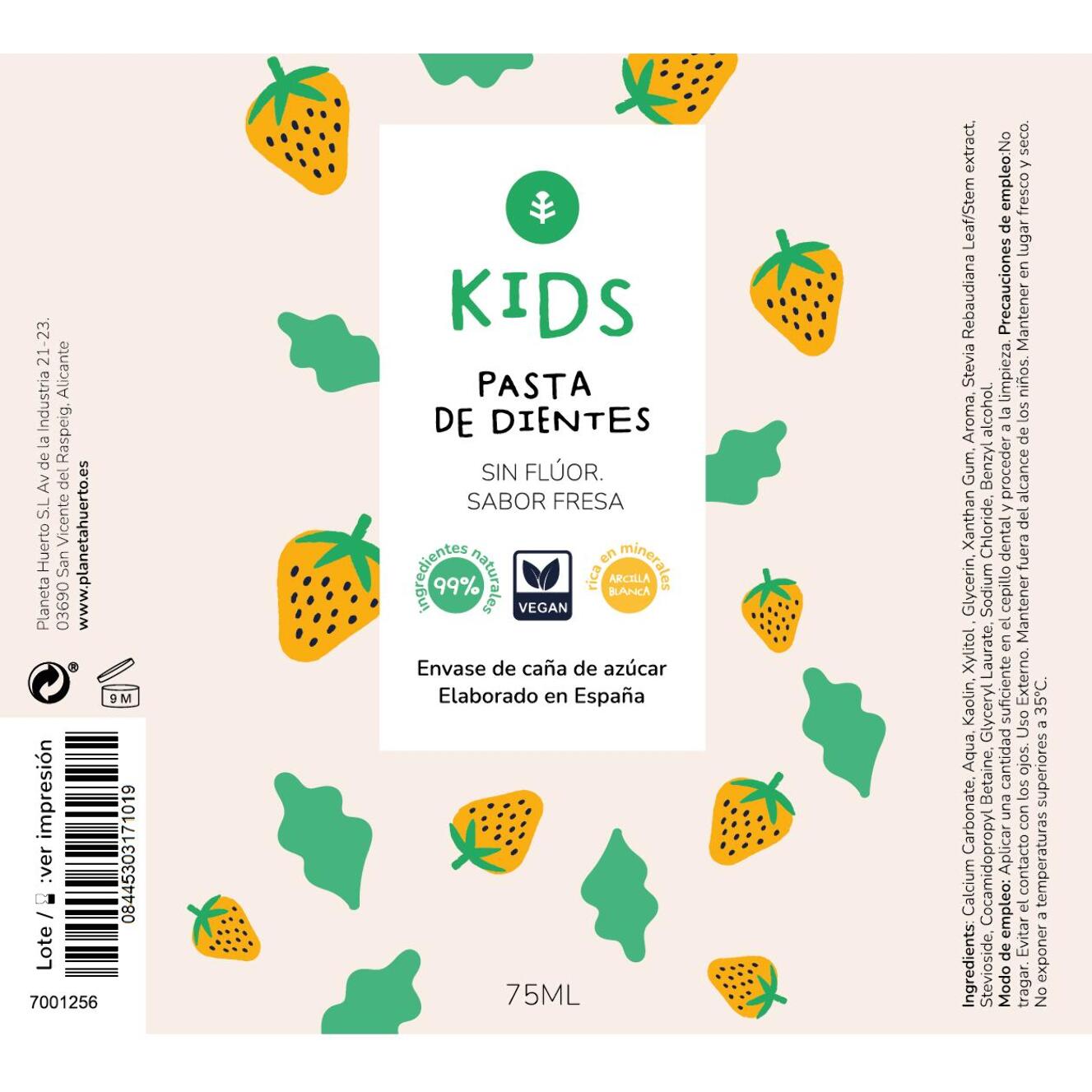 Pasta de dientes infantil sin flúor Fresa Planeta Huerto 75 ml