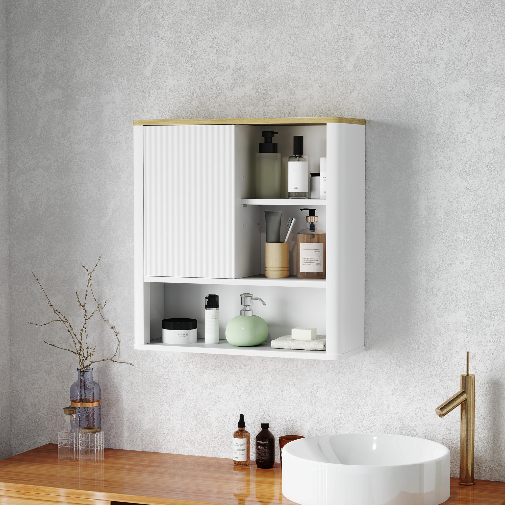 Armario de Baño de Pared Mueble de Baño Colgar con Estantes Ajustables Puerta Corredera Compartimentos y Diseño con Perfil Curvo 60x20x62 cm Blanco