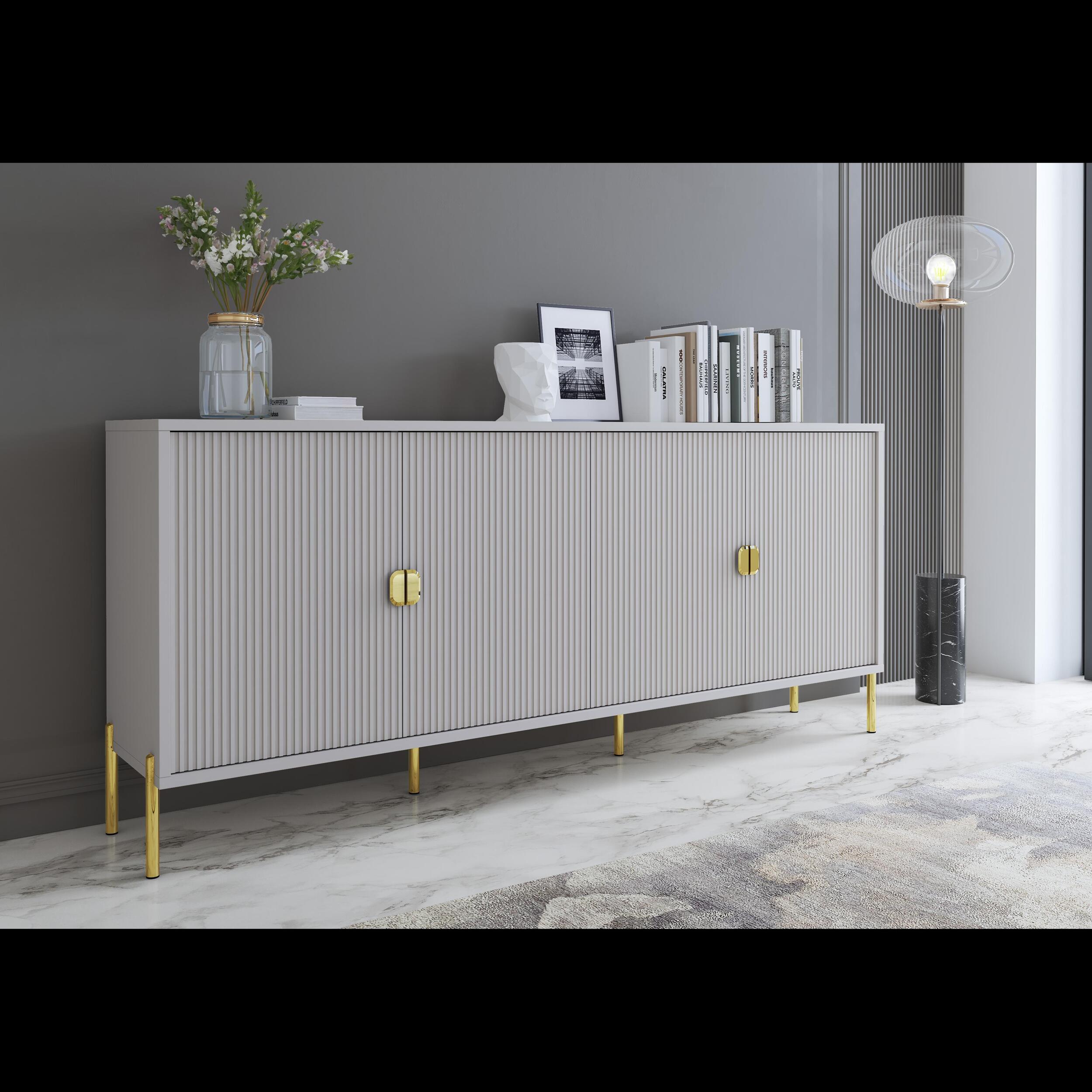 Madia Moderna Credenza In Melaminico Opaco Con 4 Ante E Piedini Alti Mobile Contenitore Design Soggiorno Salotto Sala Pranzo 203 x 49 x 87 Cm Grigio