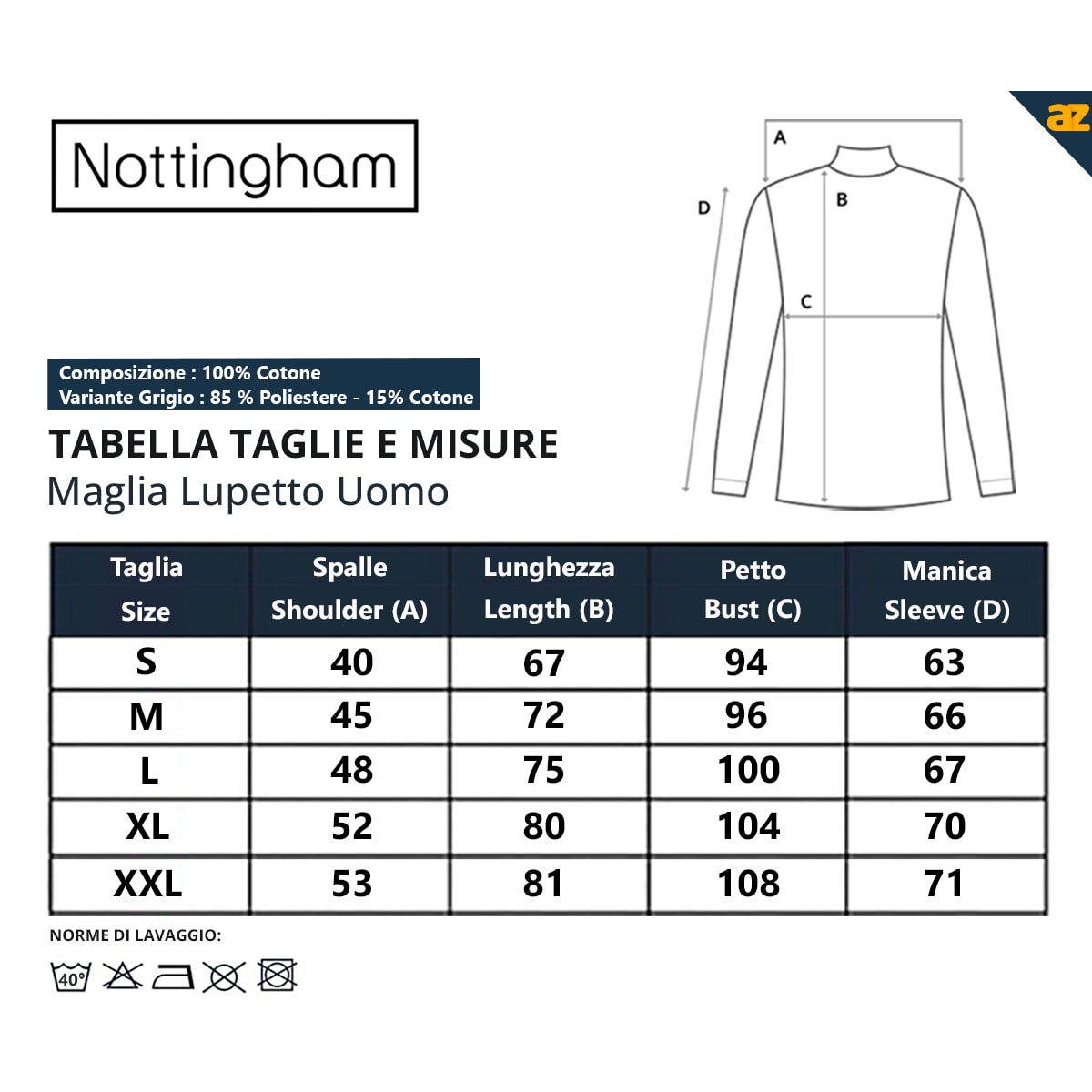 2 Maglie lupetto Uomo Caldo Cotone Nottingham, Art. NOTLPUDI Grigio Melange