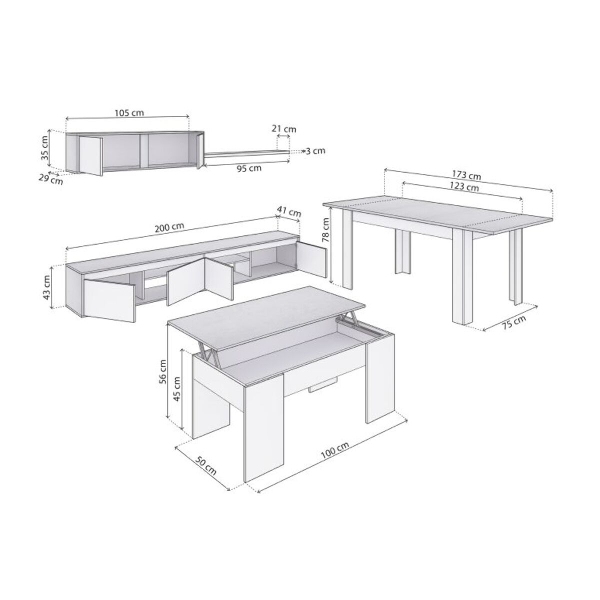 Pack salón con mesa de centro y mesa de comedor Arlet Max V2B Blanco Artik (Blanco Mate) - Gris Cemento