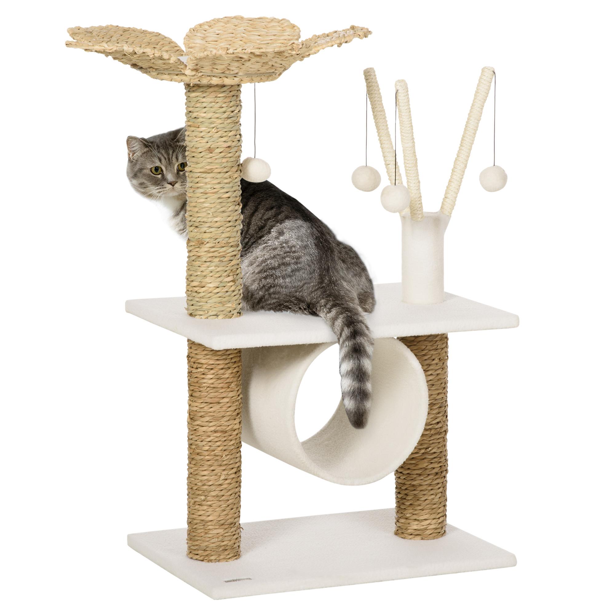 Árbol Rascador para Gatos Altura 91cm con Cama de Flor Poste 3 Palos Túnel Bolas