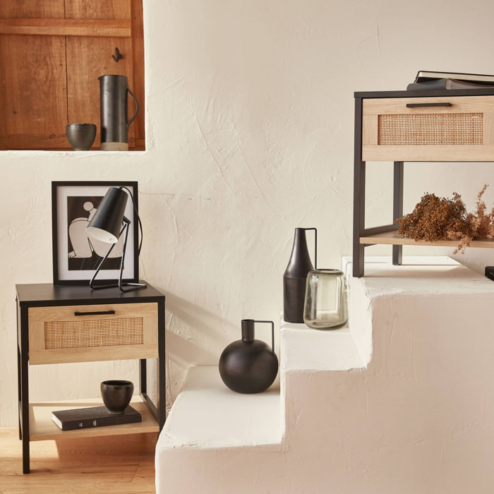 Lot de 2 tables de chevet. noir et cannage 40 x 40 x 48cm - Bianca - 1 tiroir. 1 étagère