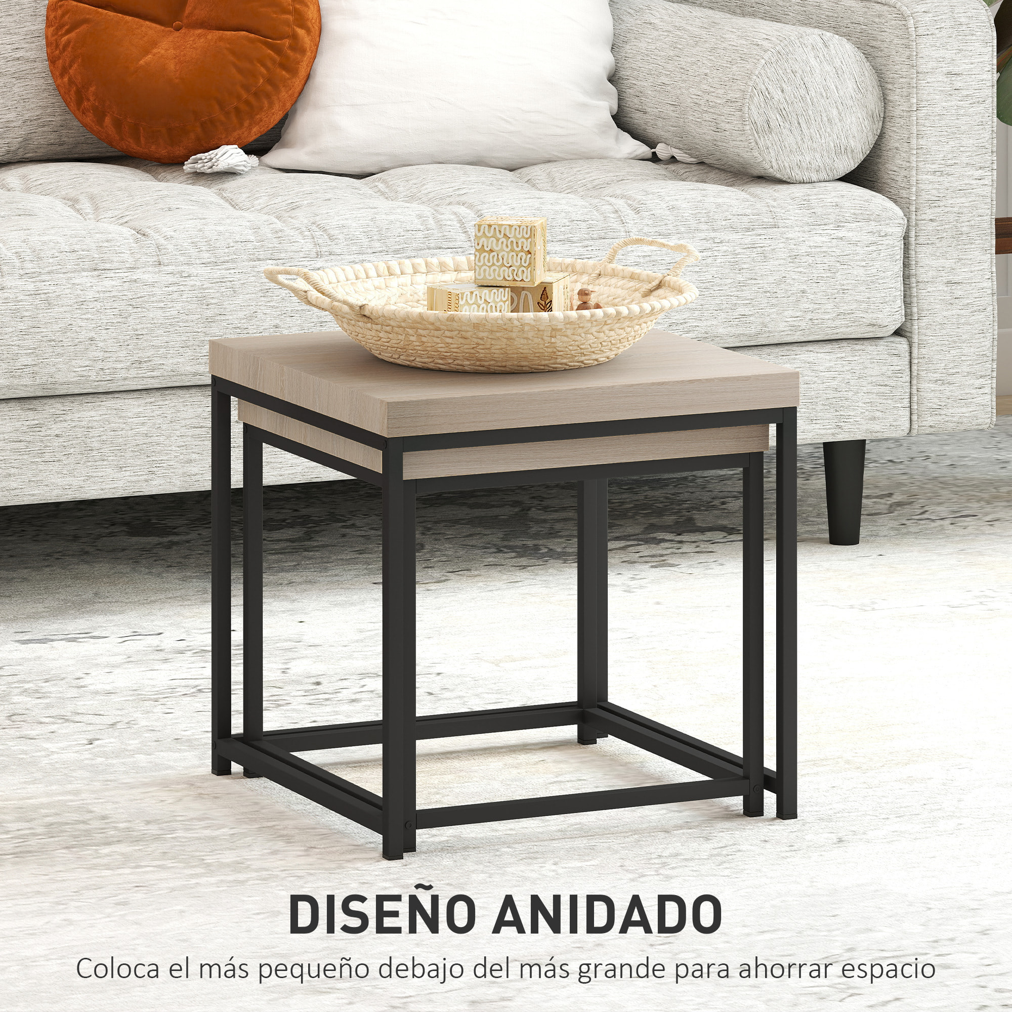 Juego de 2 Mesas de Centro, Mesa Nido Moderna, Mesitas Auxiliares, Patas de Acero, para Salón, Dormitorio, Oficina, Roble