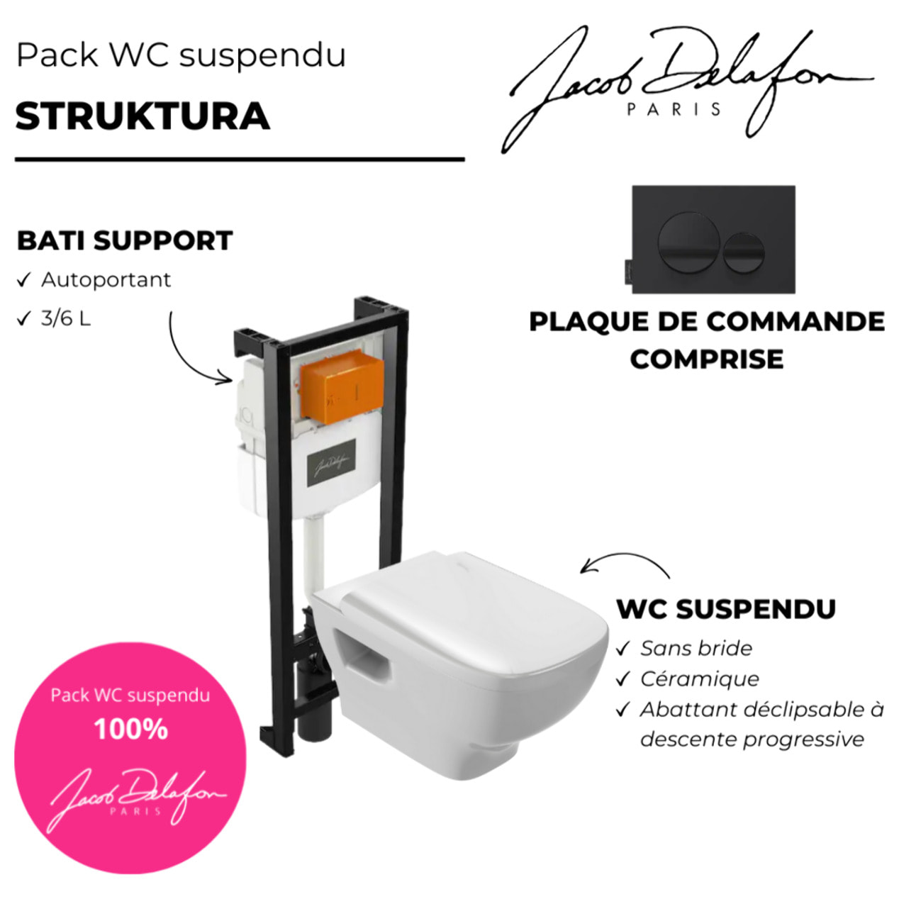 Pack WC suspendu sans bride Struktura+ bâti-support + plaque Noir brillant/Noir mat