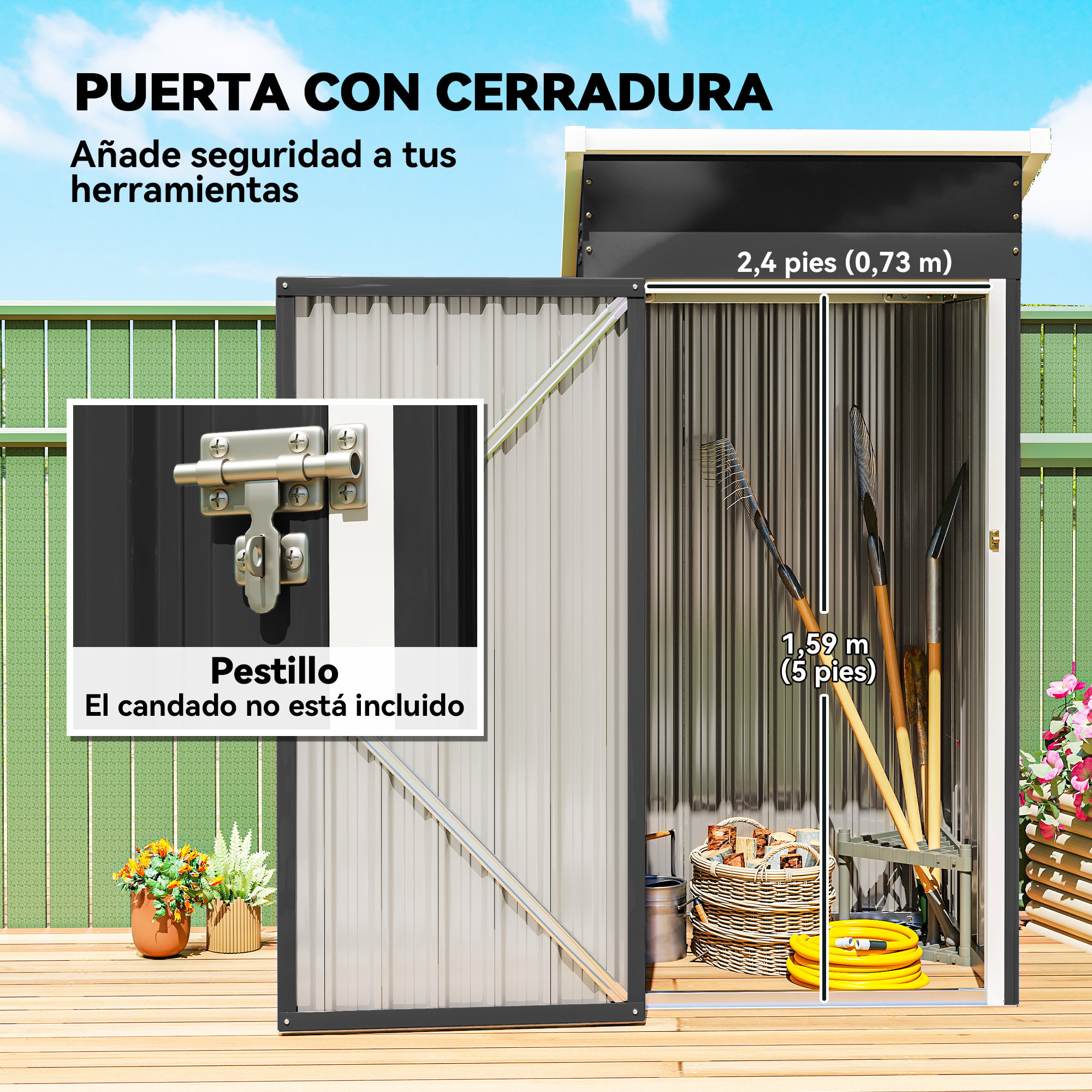 Caseta de Jardín Exterior 0,74 m², 107,5x91x185 cm, Cobertizo de Jardín Exterior Metálico con Techo Inclinado, Puerta con Cerradura y Ventilaciones para Almacenamiento de Herramientas, Gris