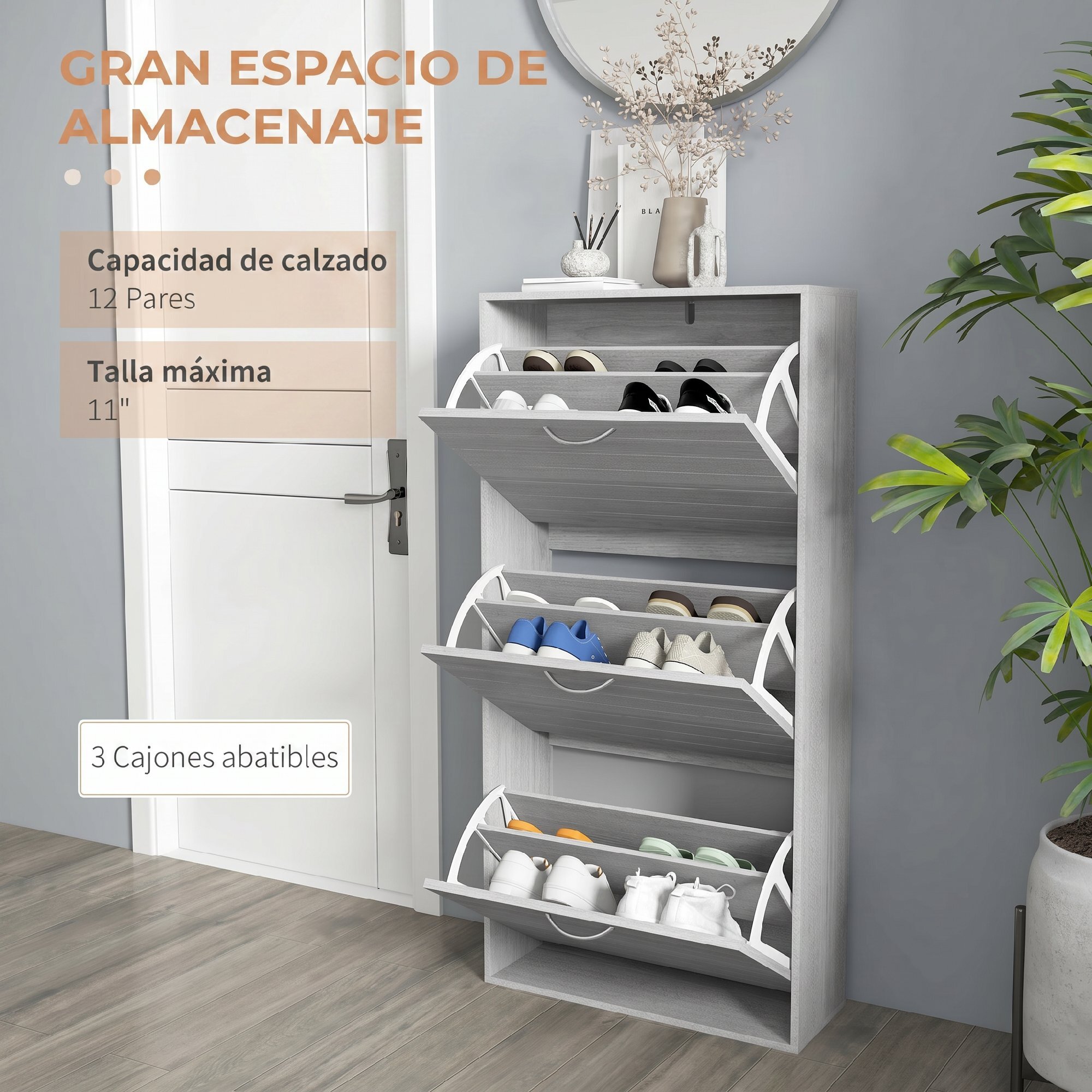 Zapatero Estrecho con 3 Puertas Abatibles, Zapatero Entrada Recibidor, Estantes Ajustables, para 12 Pares de Zapatos, para Pasillo, Espacios Reducidos, Gris