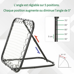 Filet de rebond de football pliable - inclinaison réglable 5 positions - dim. 84L x 78l x 78H cm - piquets d'ancrage inclus filet PE blanc métal époxy noir