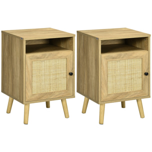 Conjunto de 2 Mesitas de Noche Mesillas de Noche con Puertas de Ratán Compartimientos Abiertos y Antivuelco Mesas Auxiliares para Dormitorio Salón 39x35x60 cm Natural