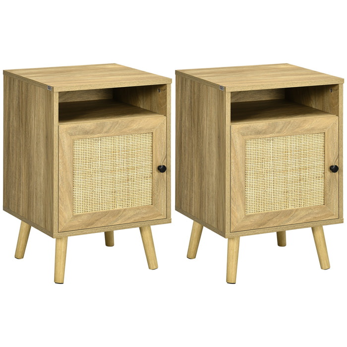 Conjunto de 2 Mesitas de Noche Mesillas de Noche con Puertas de Ratán Compartimientos Abiertos y Antivuelco Mesas Auxiliares para Dormitorio Salón 39x35x60 cm Natural