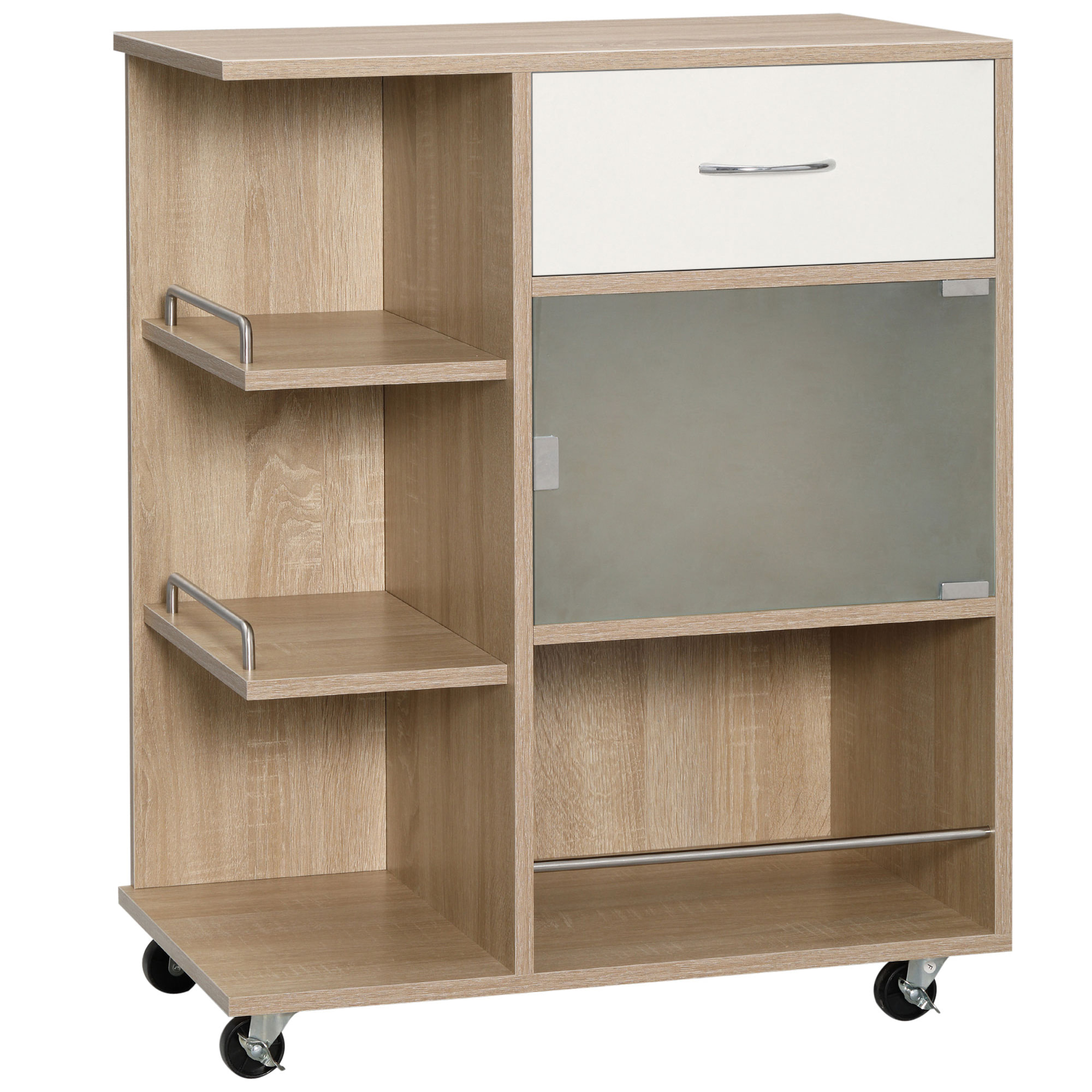 Desserte de cuisine style contemporain - 3 étagères, niche, porte verre, tiroir - effet bois naturel blanc
