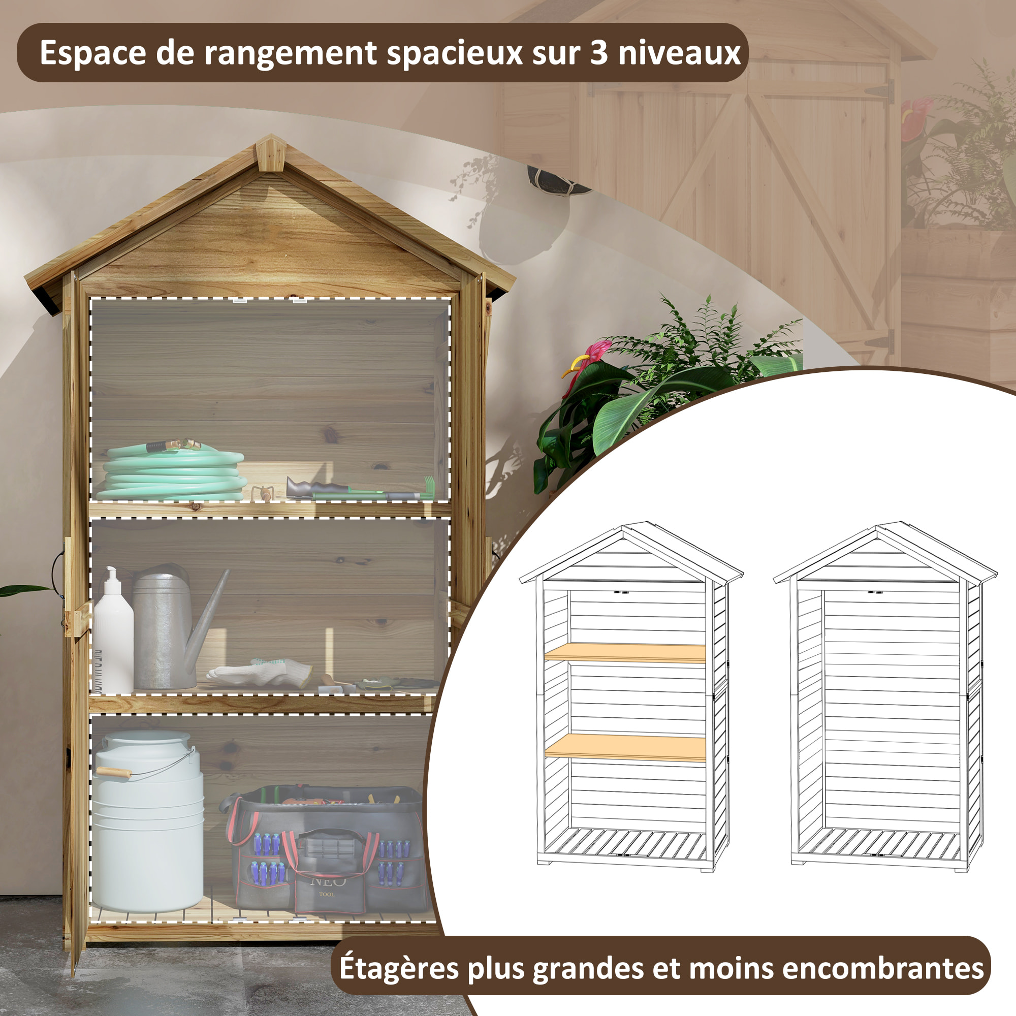 Armoire de jardin abri jardin sur pied toit bitumé 2 portes verrouillables bois sapin pré-huilé