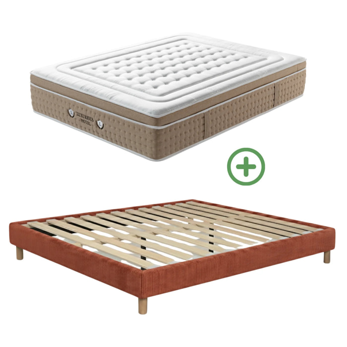 Ensemble matelas Bali & sommier Cancun | Mémoire de forme et ressorts ensachés | Cadre à lattes | Velours côtelé | Terracotta