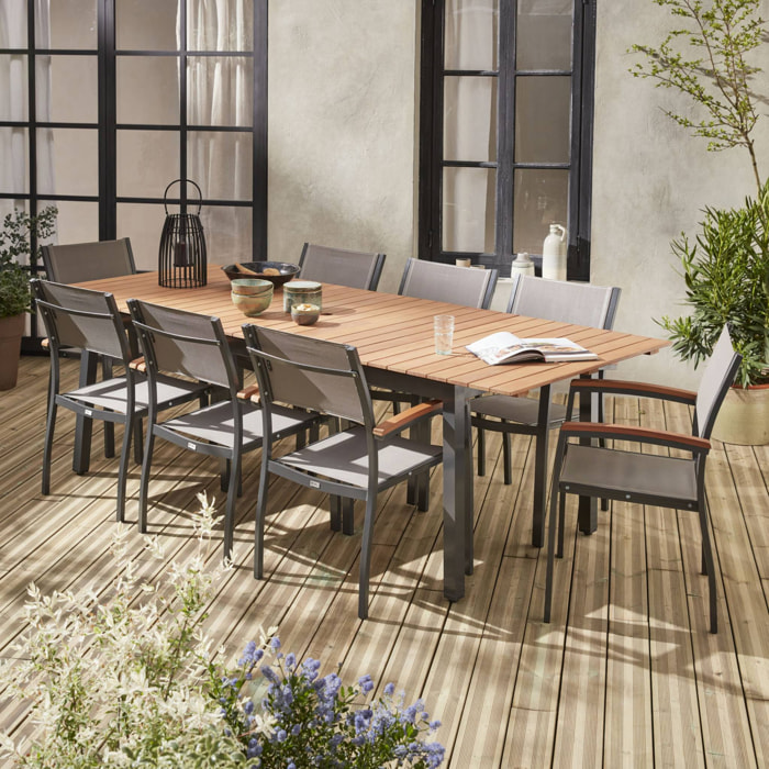 Table de jardin extensible bois d'eucalyptus et aluminium + 8 assises. en aluminium. bois d'Eucalyptus huilé et textilène gris taupe