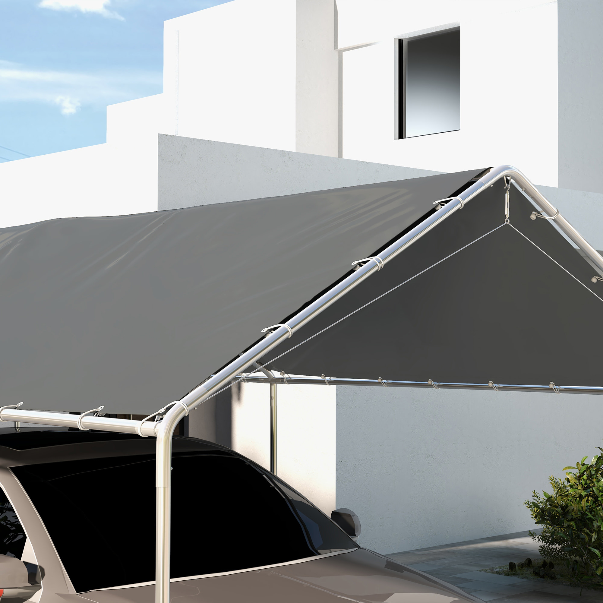 Toile de rechange carport auvent voiture dim. 6L x 3l m tendeurs élastiques inclus PE haute densité gris