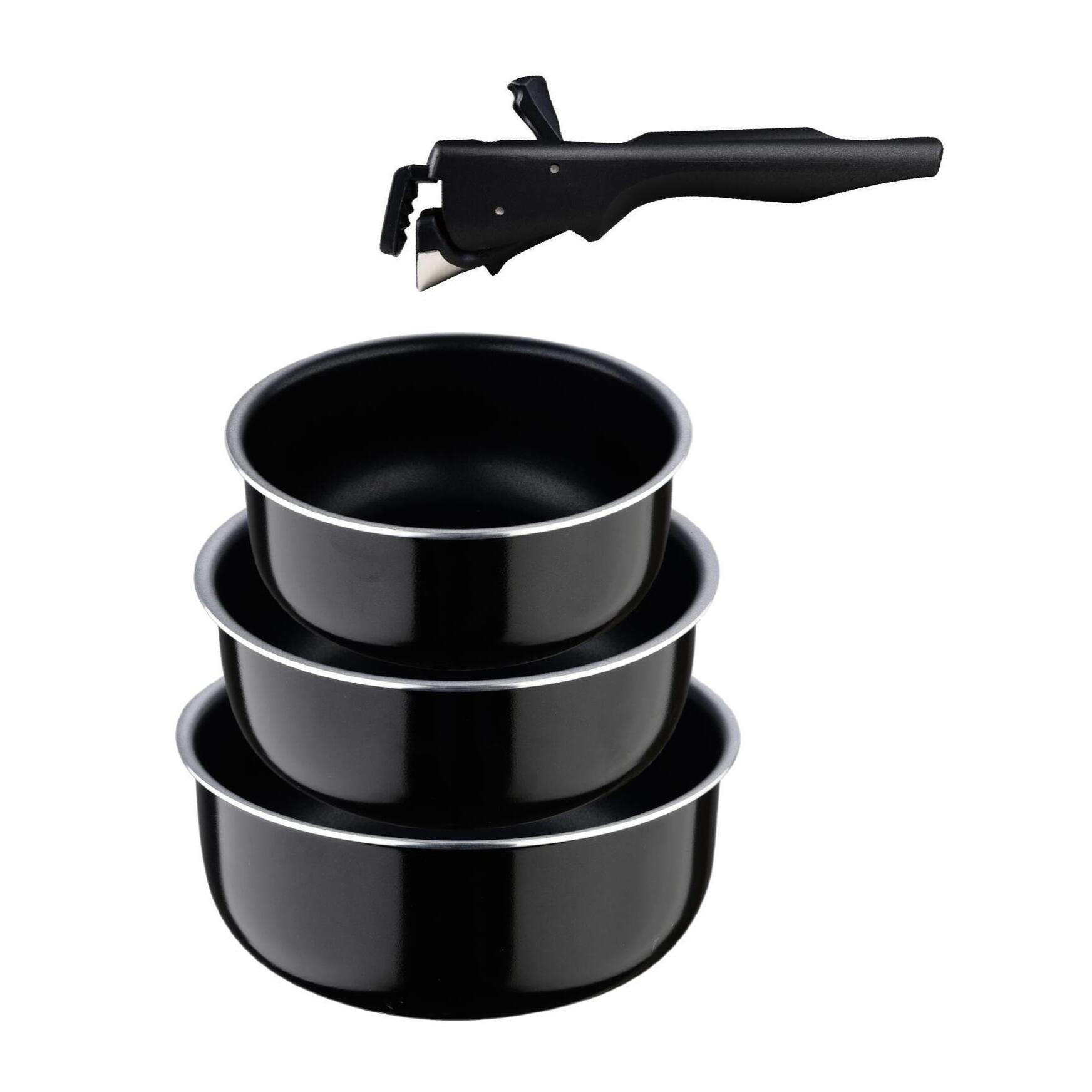 juego de 3 cazos ø16ø18ø20cm aluminio prensado negro + mango extraíble