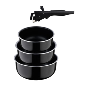 juego de 3 cazos ø16ø18ø20cm aluminio prensado negro + mango extraíble