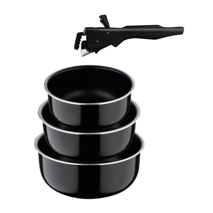juego de 3 cazos ø16ø18ø20cm aluminio prensado negro + mango extraíble