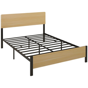 Lit double design industriel - tête de lit, pied de lit et sommier - compatible matelas 190L x 140l cm - acier noir aspect bois clair