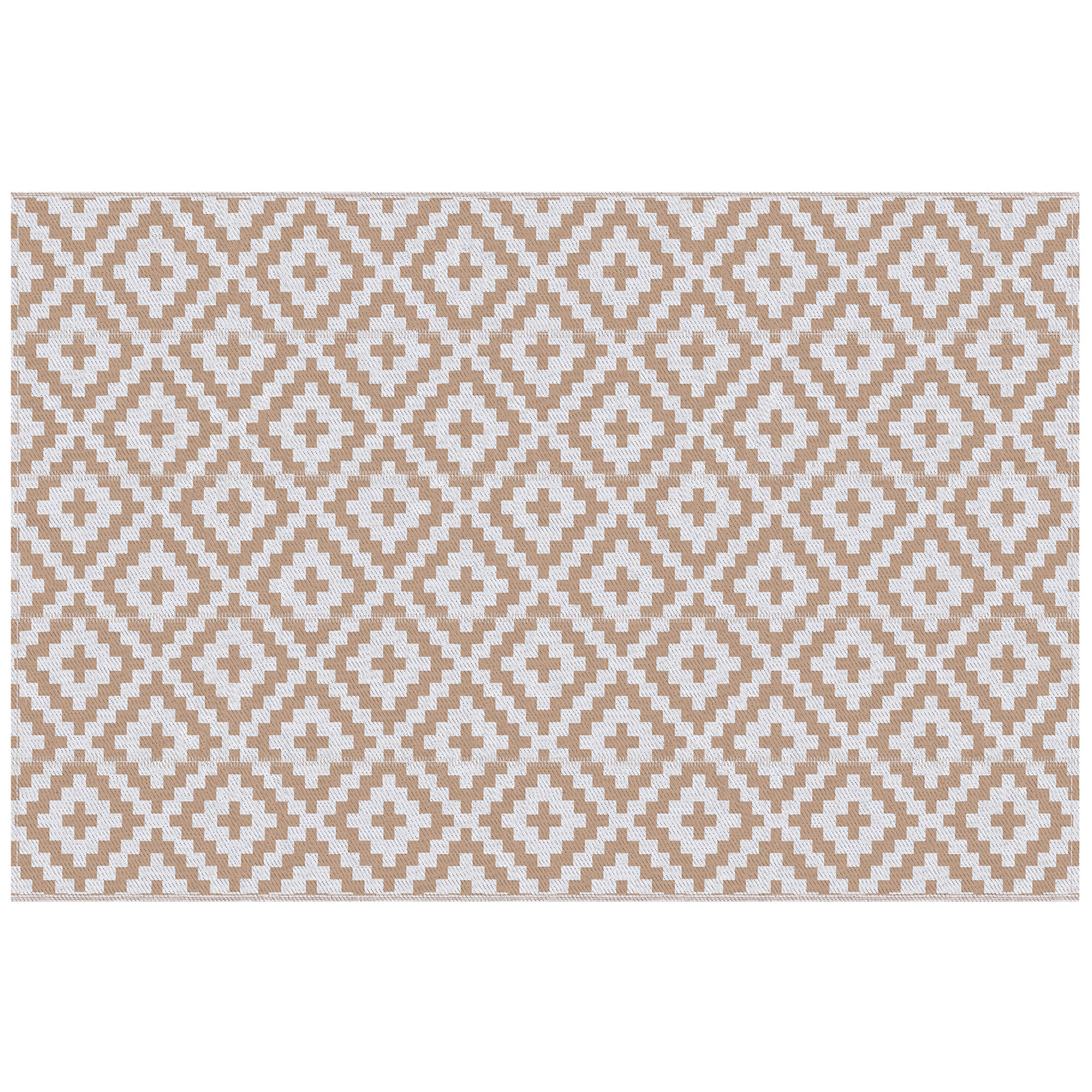 Alfombra de Exterior 182x274 cm Alfombra Reversible con Patrón Geométrico de Rombos Impermeable para Terraza Balcón Patio Camping Playa Blanco y Café