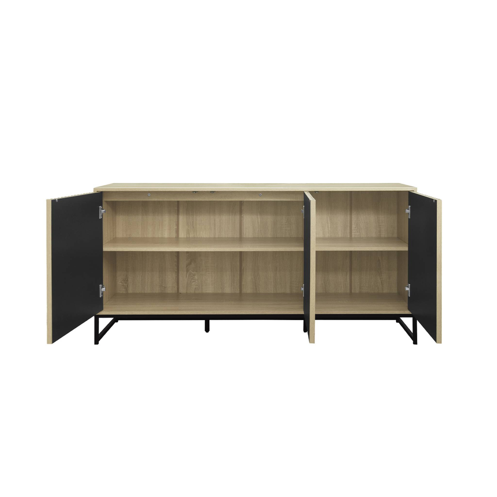 Buffet style contemporain avec 3 portes effet bois rainuré ouverture par pression. buffet bas. piètement en métal noir L160cm