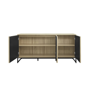 Buffet style contemporain avec 3 portes effet bois rainuré ouverture par pression. buffet bas. piètement en métal noir L160cm