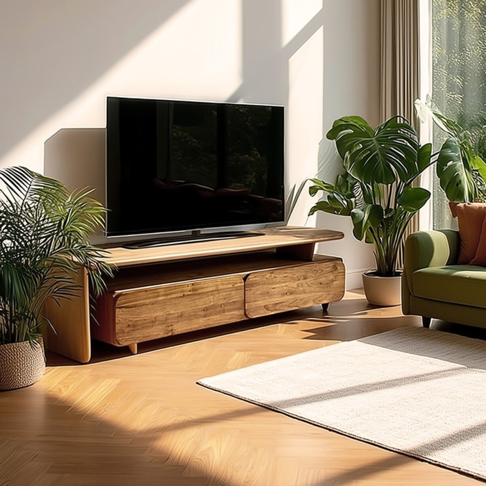SIXTINE - Meuble TV 2 tiroirs 160x40cm en bois de teck recyclé