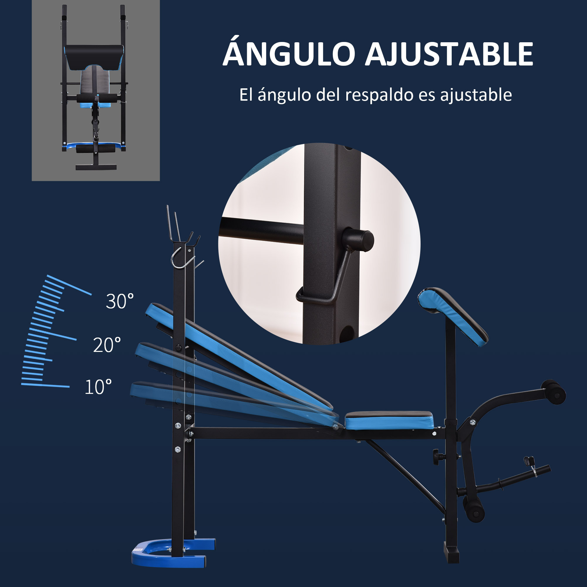 Banco de Musculación Multifuncional Banco de Pesas con Soporte para Barra y Respaldo Ajustable para Entrenamiento Completos de Cuerpo en Casa Gimnasio Negro y Azul