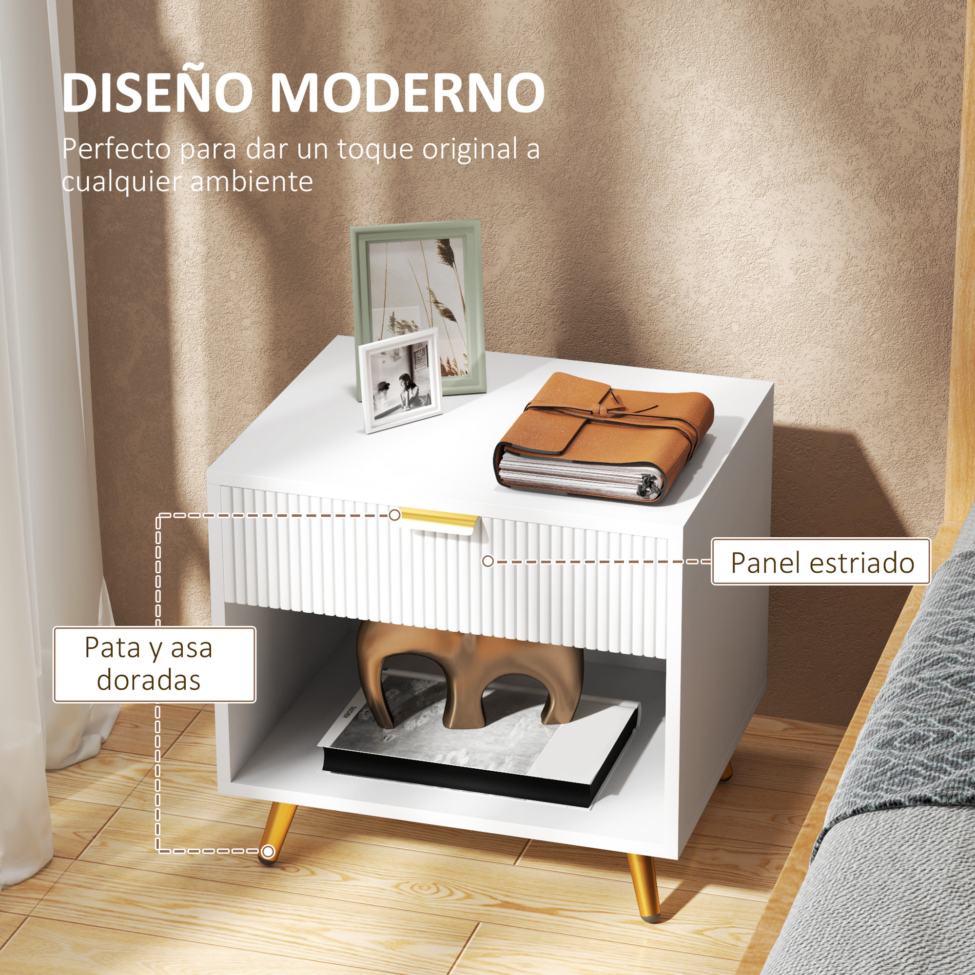 Mesita de Noche Moderna Mesilla de Noche con Cajón Mango Dorado y Compartimento Abierto Mesa Auxiliar para Dormitorio Salón 50x40x47 cm Blanco
