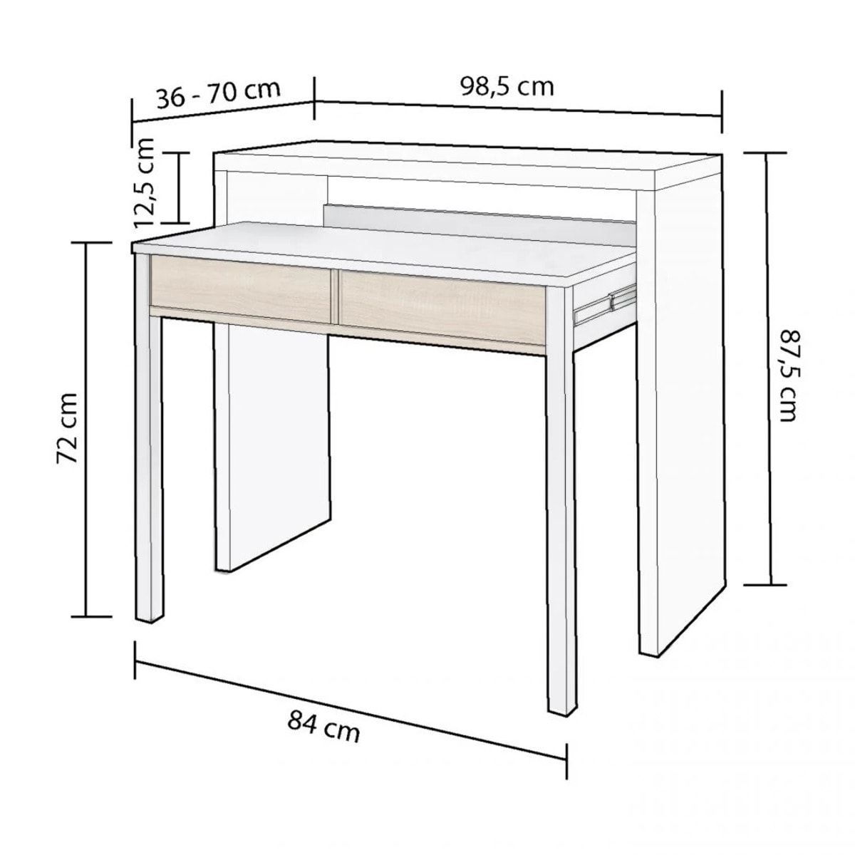 Mesa de escritorio extensible con 2 cajones en blanco artik y roble canadian 98,5x36-70 cm Zira Blanco Artik (Blanco Mate) - Roble Canadian