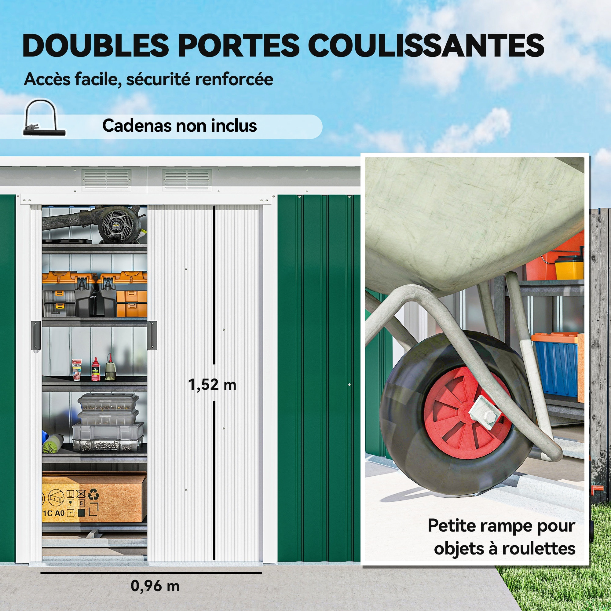 Abri de jardin - remise pour outils - cabanon portes verrouillables - dim. 2,8L x 1,3l x 1,72H m - tôle d'acier vert blanc