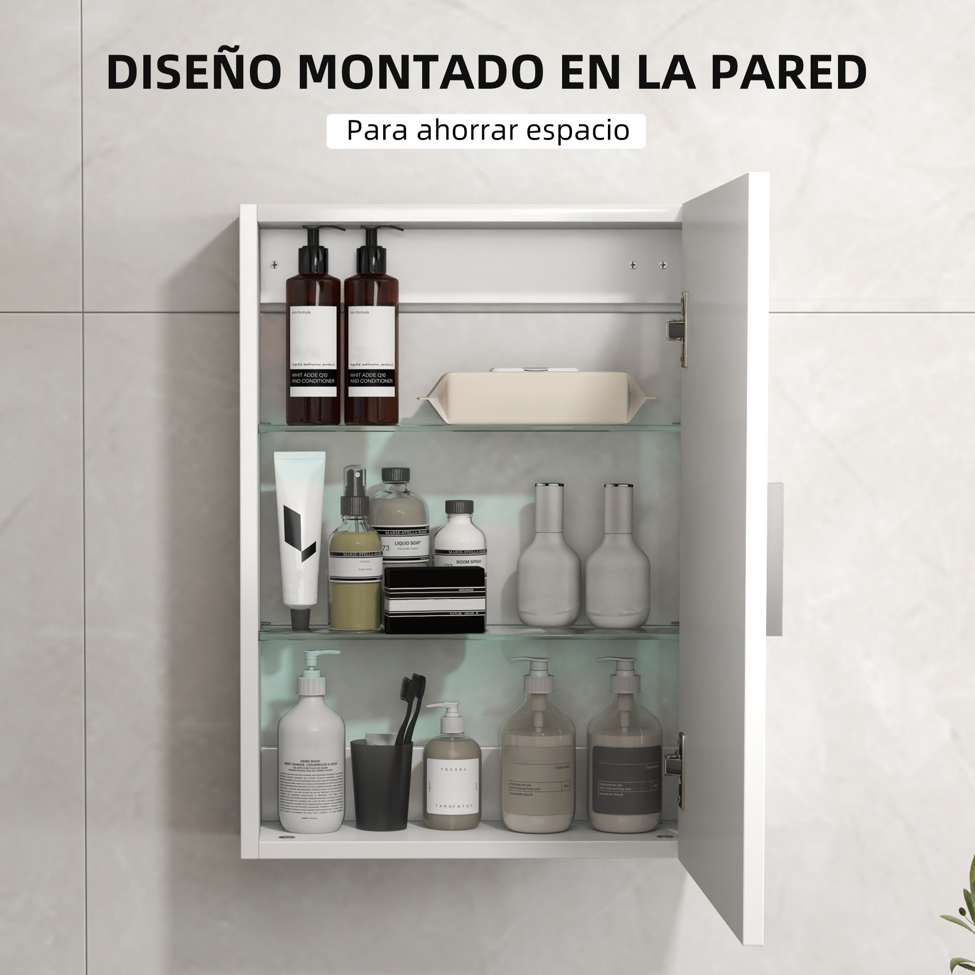 Armario de Baño Pared, Mueble de Baño Colgar con Estantes Ajustables de Vidrio Templado, Ahorro de Espacio, para Entrada, 40x15x55 cm, Blanco Brillo