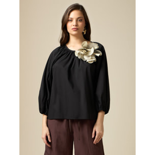 Oltre - Blusa de algodón ecológico con broche - Negro