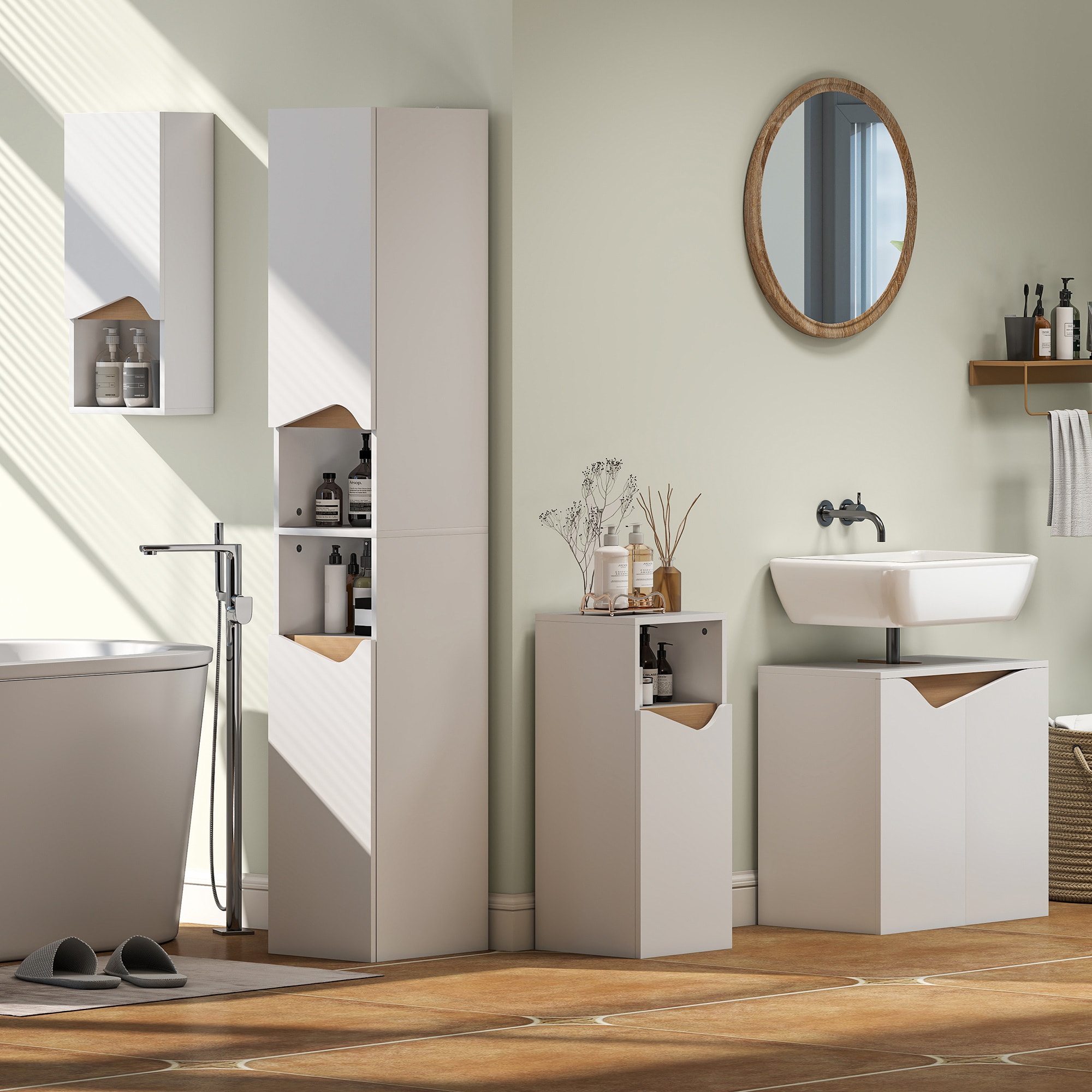 Colonne salle de bain design 2 portes 2 étagères 2 niches effet bois clair blanc