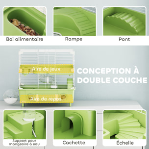 Cage pour hamster 2 niveaux roue sphère bac à sable tuyaux biberon eau dim. 44,5 x 28 x 44 cm blanc vert