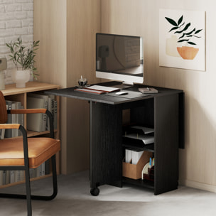 Table à manger pliable extensible 4 personnes - 2 abattants, 2 étagères, tiroir, roulettes - aspect bois noir
